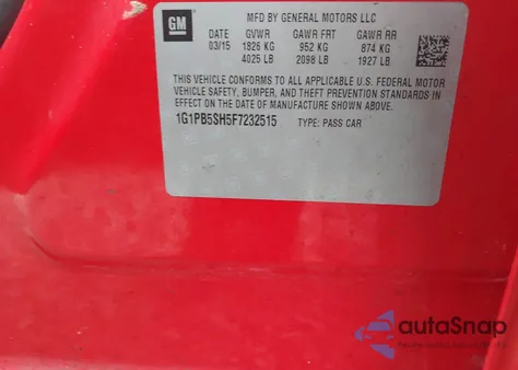 2015 Chevrolet Cruze Ls Manual from USA, damaged, VIN 1G1PB5SH5F7232515